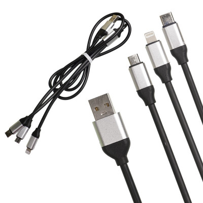 Kabel USB 3w1 gruby gumowany w kolorze czarnym